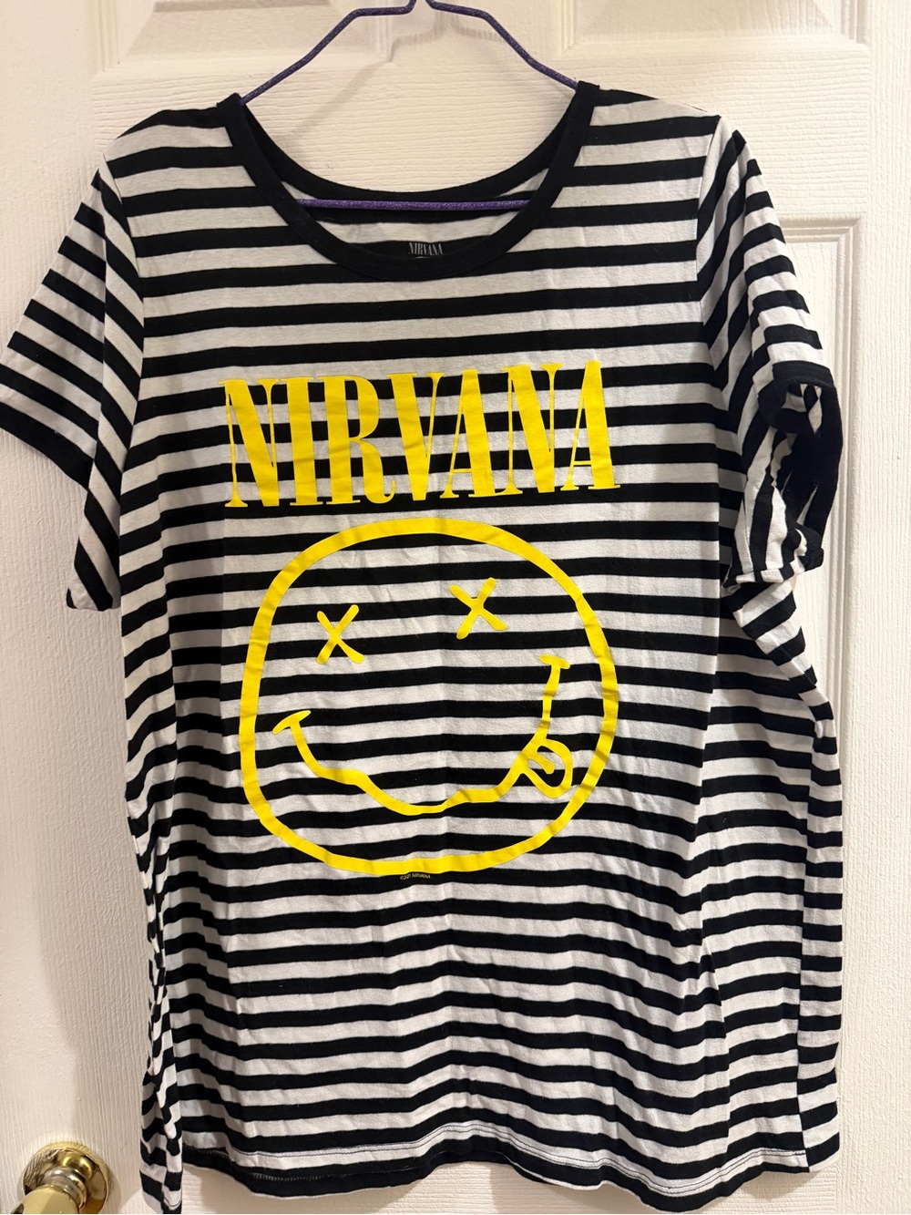 Nirvana band T' Black & White Striped Tee with Yellow Logo
